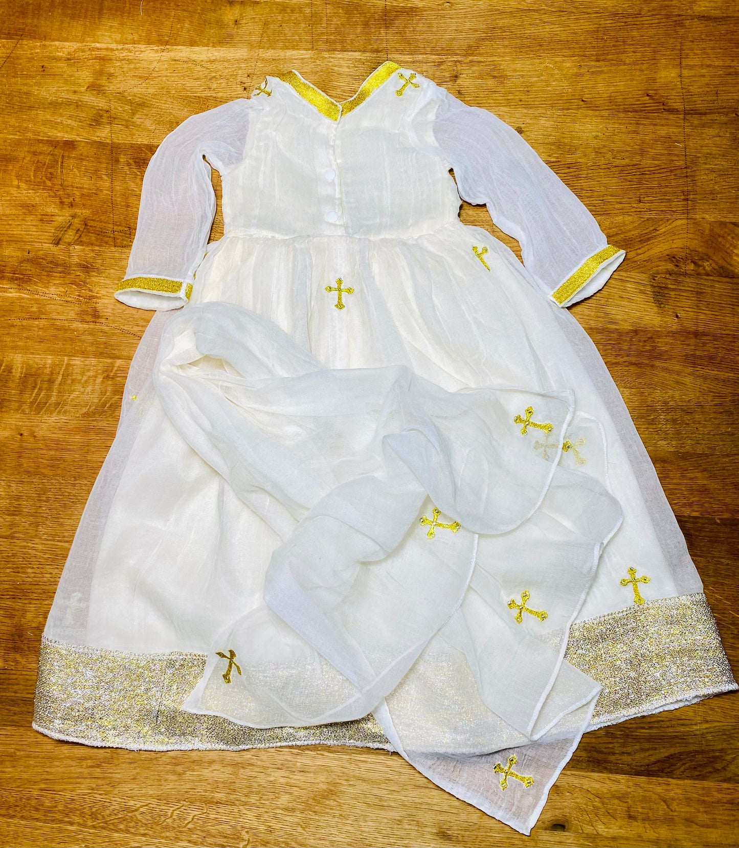 Girlls dress with hat, scarf (ነጠላ) and Bolero Cardigan Habesha Kemis (ሀበሻ ቀሚስ)