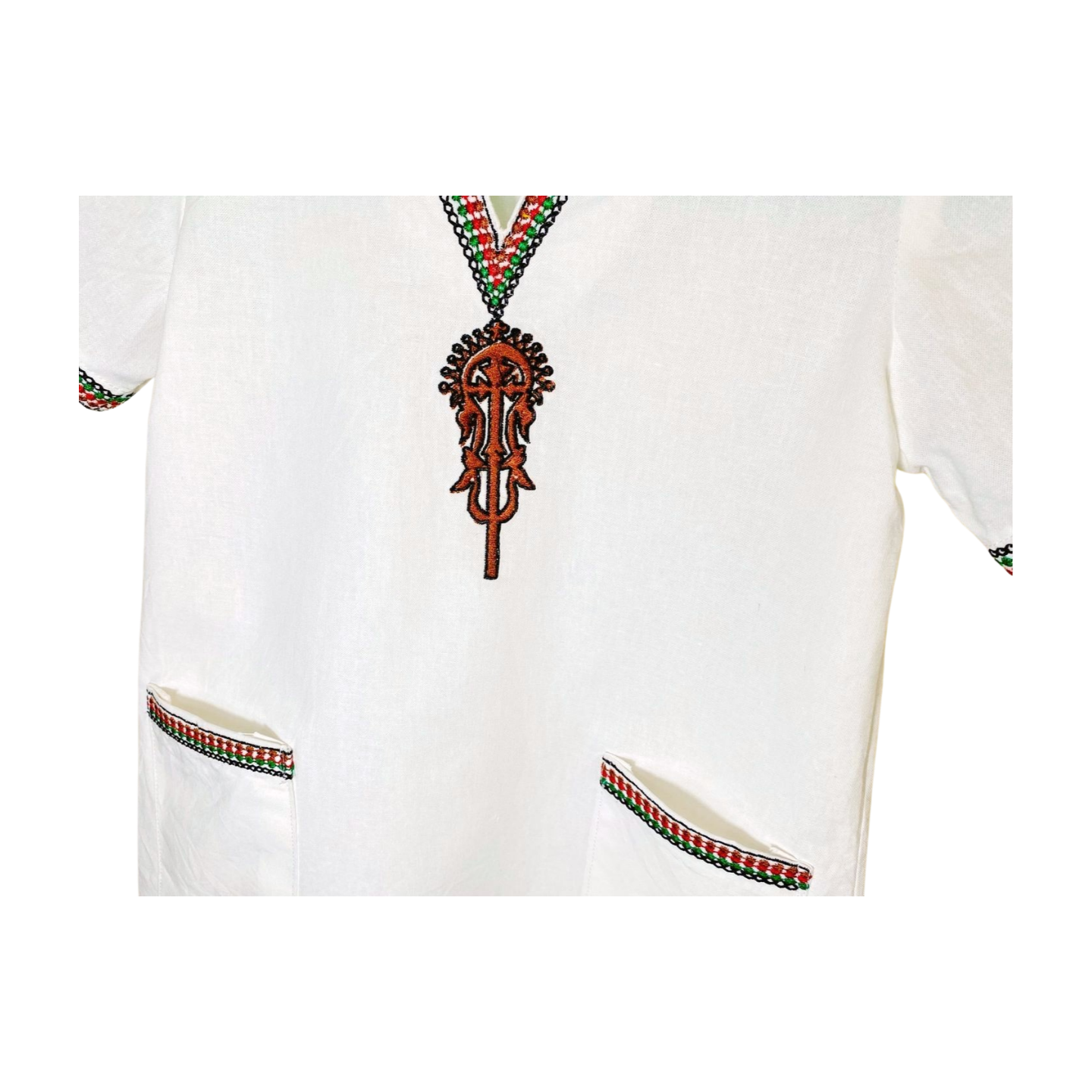 Men’s handmade Tunic Shirt embroidered Afroaygeba cross (በአፍሮ አይገባ መስቀል የተጠለፈ ሸሚዝ)