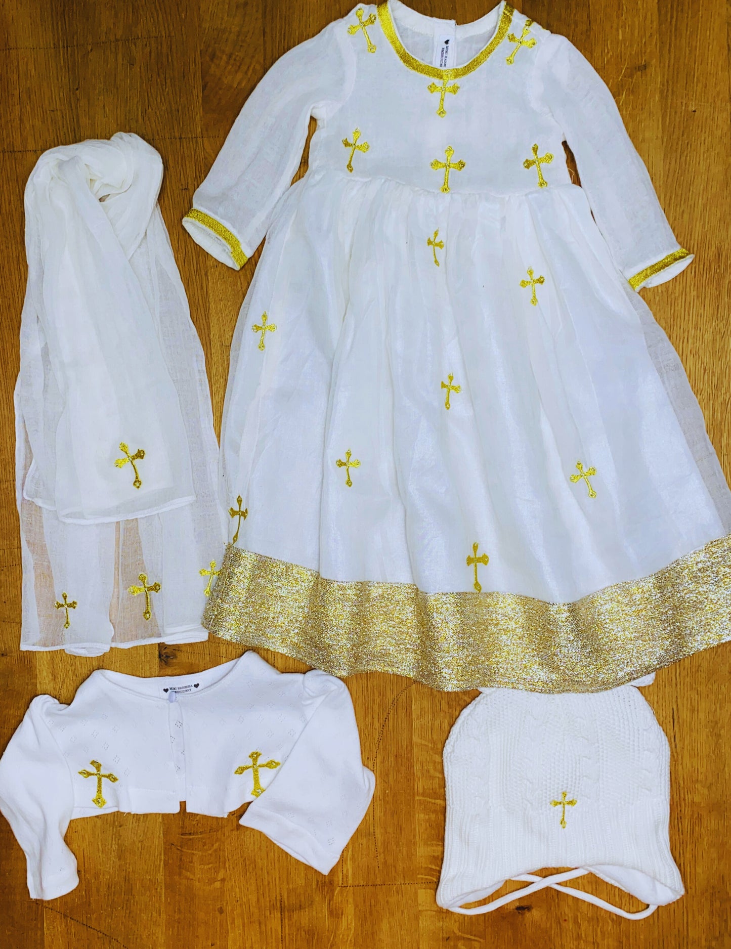 Girlls dress with hat, scarf (ነጠላ) and Bolero Cardigan Habesha Kemis (ሀበሻ ቀሚስ)