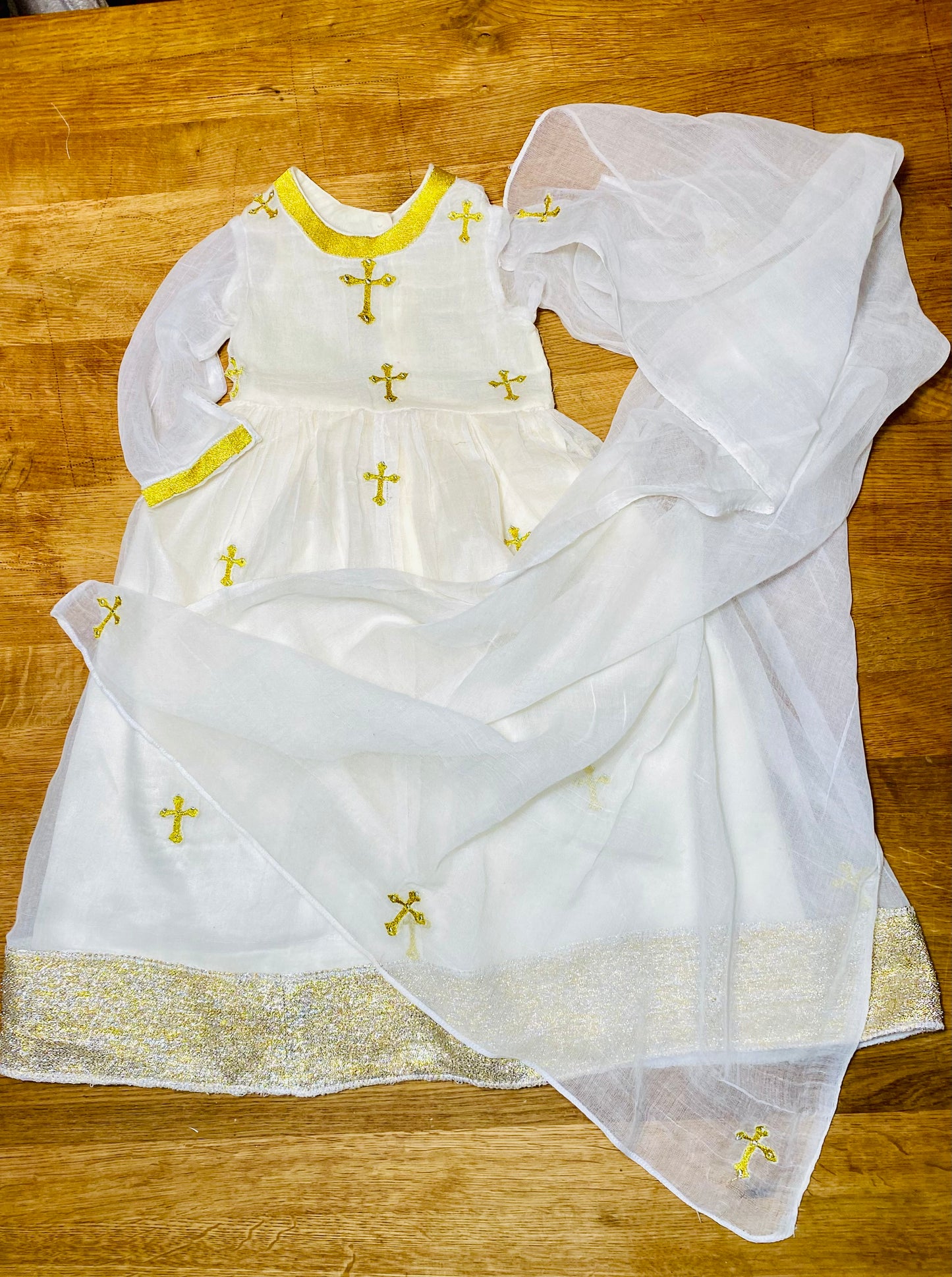 Girlls dress with hat, scarf (ነጠላ) and Bolero Cardigan Habesha Kemis (ሀበሻ ቀሚስ)