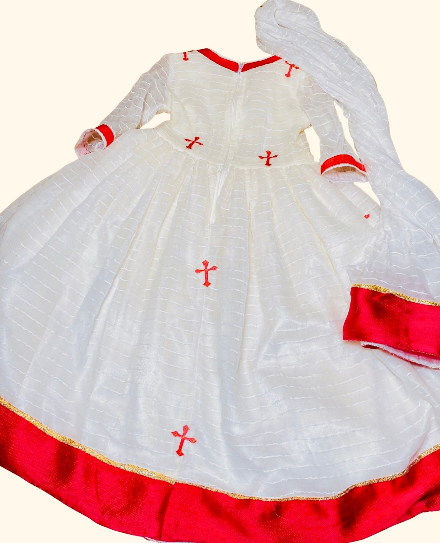 Girlls dress pink (ጥለት)with scarf (ነጠላ) Habesha Kemis (ሀበሻ ቀሚስ)