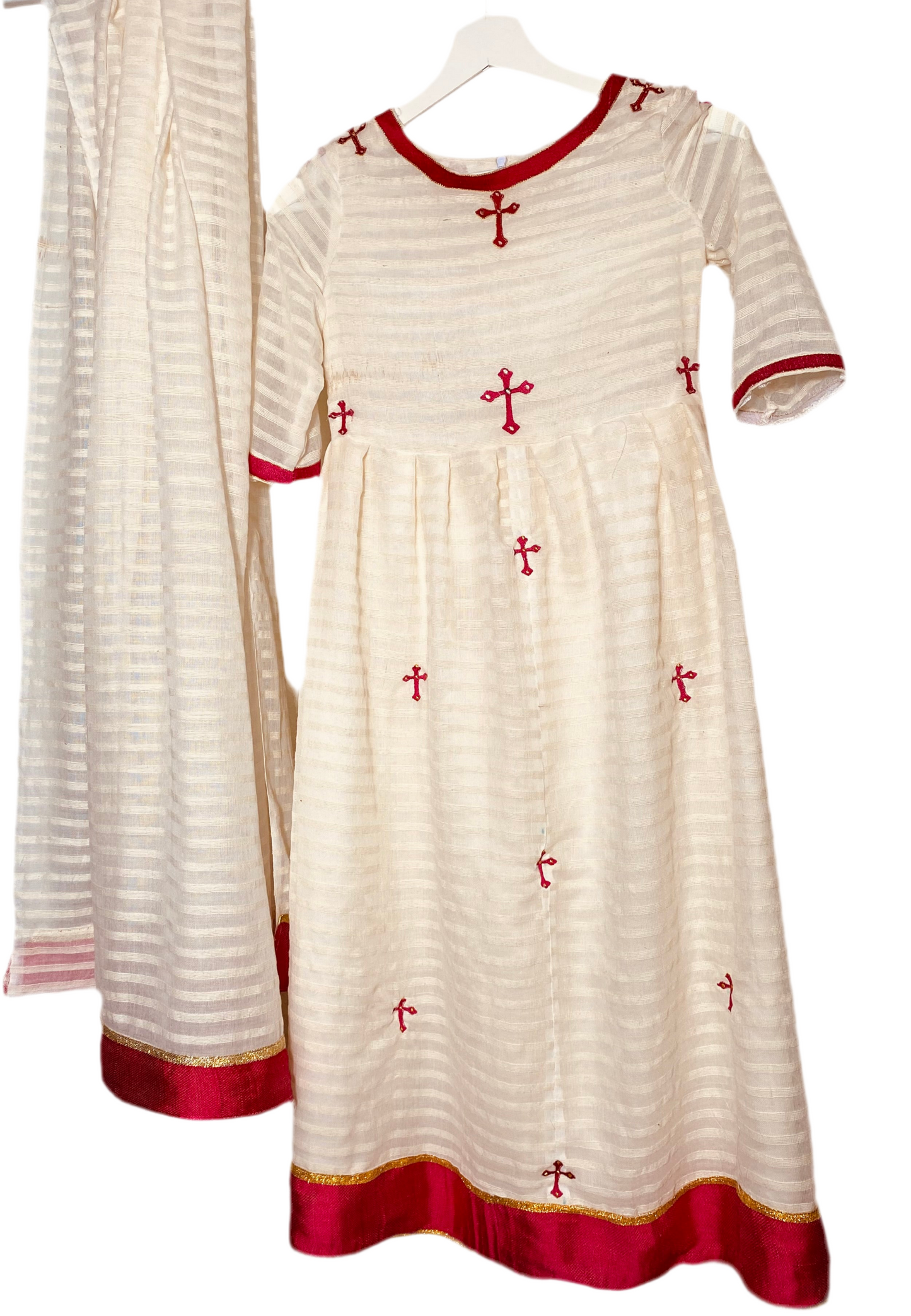 Girlls dress pink TILET (ጥለት)with scarf (ነጠላ) Habesha Kemis (ሀበሻ ቀሚስ)