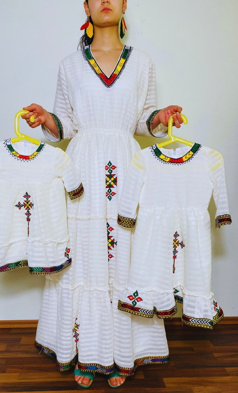 Girlls dress TILET (ጥለት)with scarf (ነጠላ) Habesha Kemis (ሀበሻ ቀሚስ)
