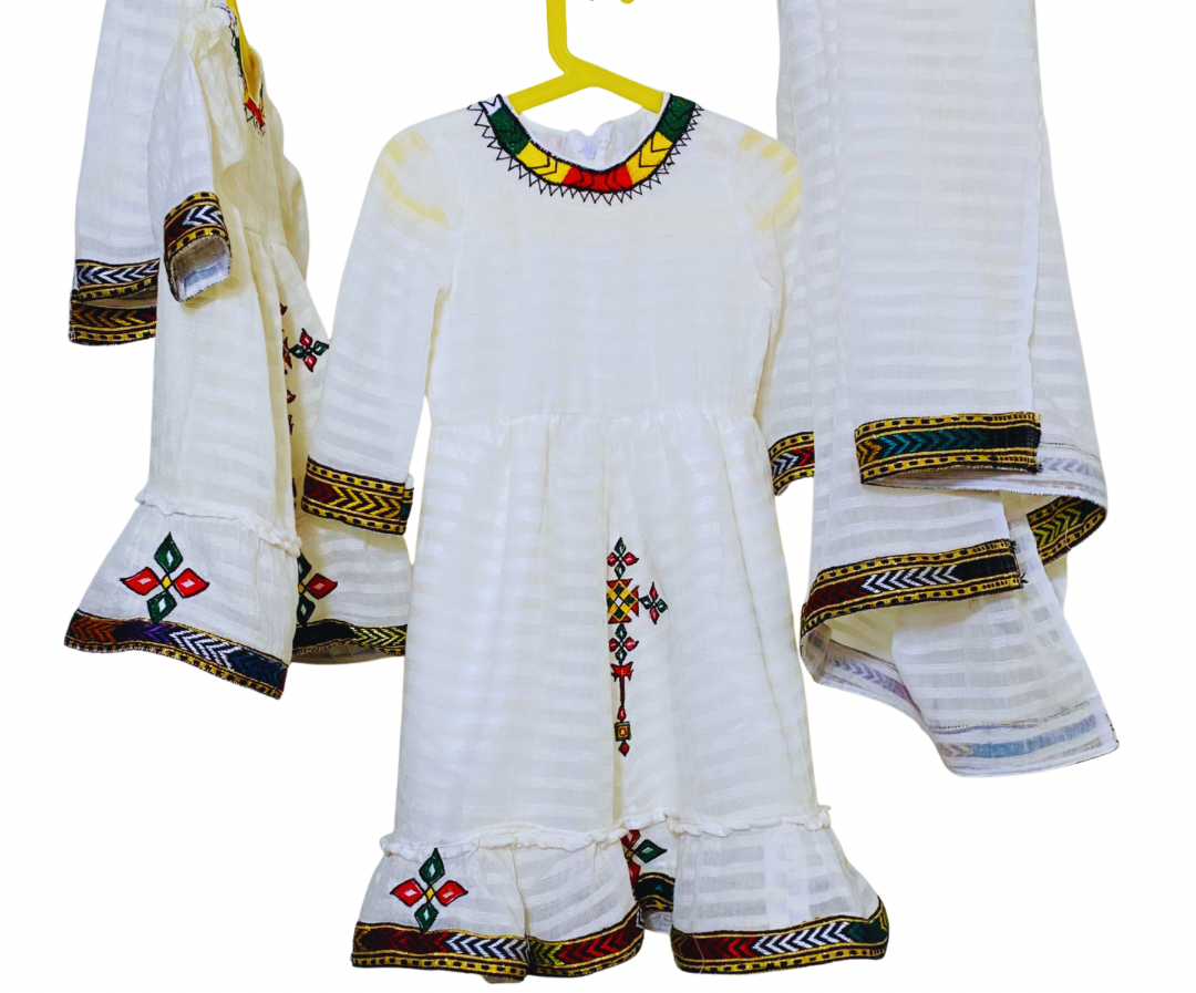 Girlls dress TILET (ጥለት)with scarf (ነጠላ)  Habesha Kemis (ሀበሻ ቀሚስ)