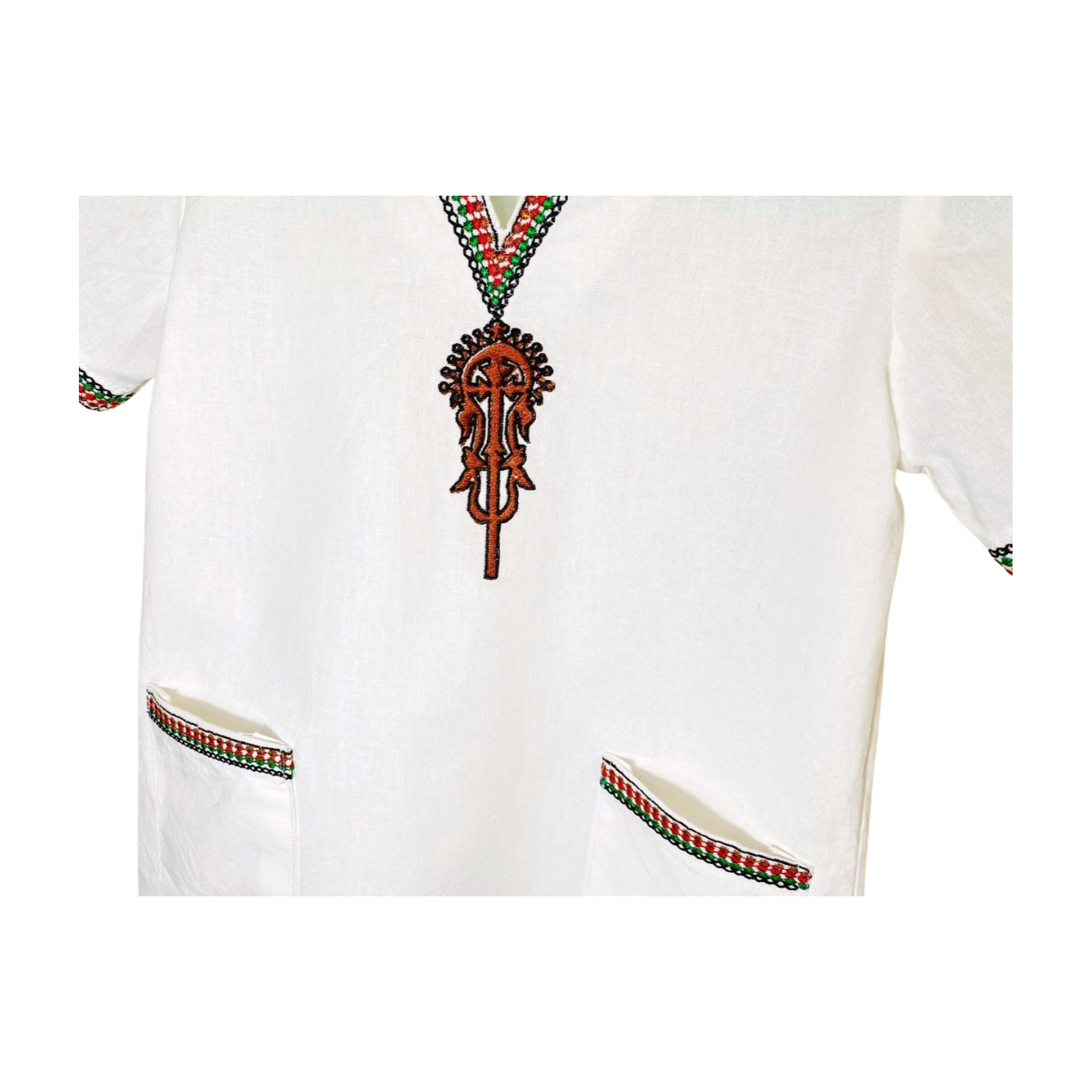 Men’s handmade Tunic Shirt embroidered  Afroaygeba cross (በአፍሮ አይገባ መስቀል የተጠለፈ ሸሚዝ)