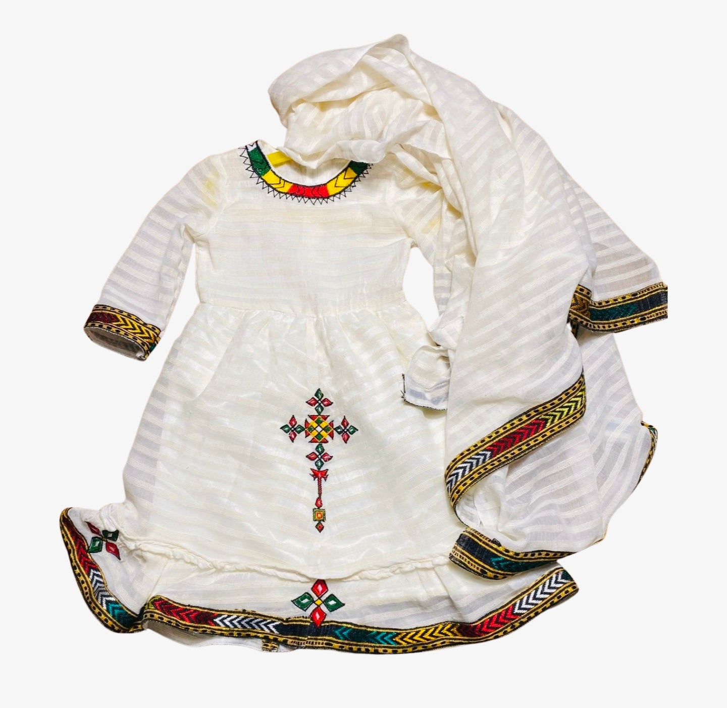 Girlls dress TILET (ጥለት)with scarf (ነጠላ)  Habesha Kemis (ሀበሻ ቀሚስ)