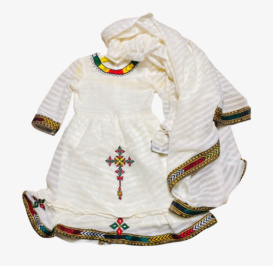 Girlls dress TILET (ጥለት)with scarf (ነጠላ)  Habesha Kemis (ሀበሻ ቀሚስ)