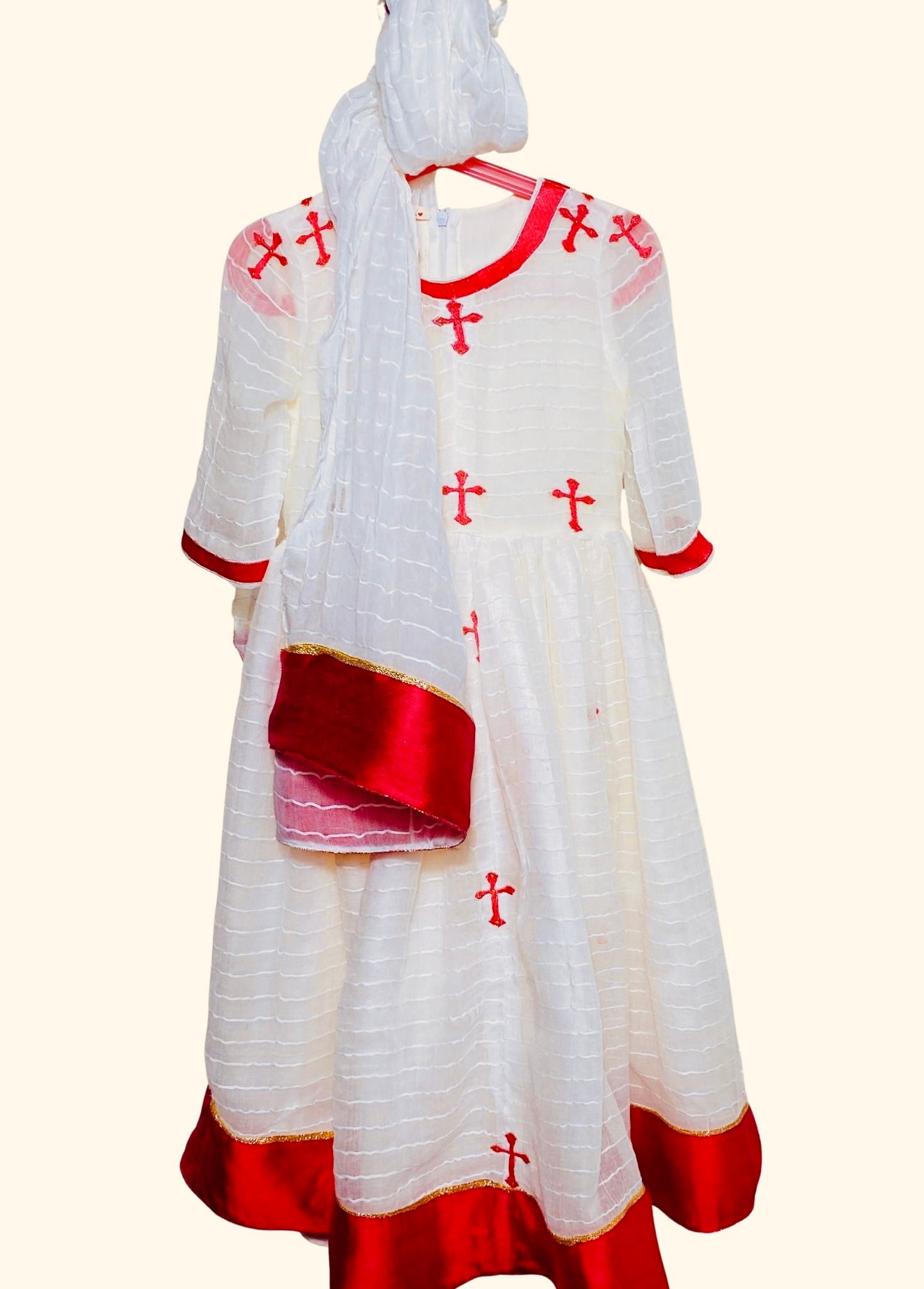 Girlls dress pink (ጥለት)with scarf (ነጠላ)  Habesha Kemis (ሀበሻ ቀሚስ)