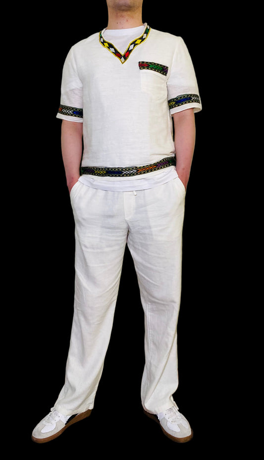 Men’s handmade Tunic Shirt embroidered neckline