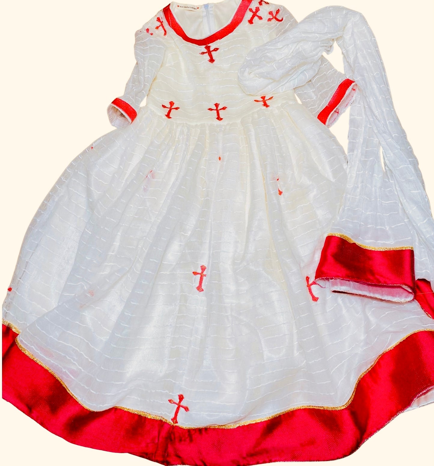 Girlls dress pink (ጥለት)with scarf (ነጠላ)  Habesha Kemis (ሀበሻ ቀሚስ)