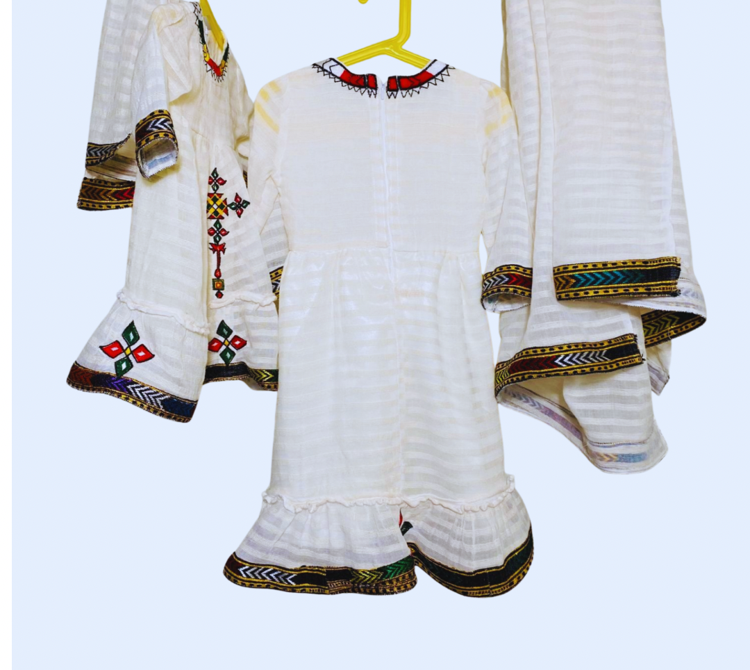 Girlls dress TILET (ጥለት)with scarf (ነጠላ)  Habesha Kemis (ሀበሻ ቀሚስ)