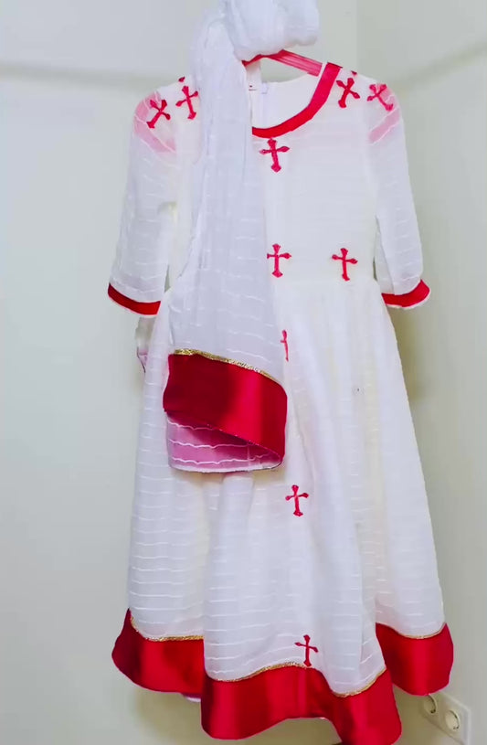 Girlls dress pink (ጥለት)with scarf (ነጠላ)  Habesha Kemis (ሀበሻ ቀሚስ)